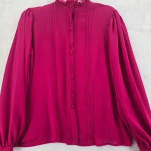 Josephine Blouse Womens Large Blouse Pink Ruffle Neck Button Front Pleated